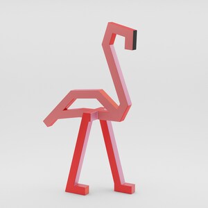 May include: A geometric flamingo sculpture in shades of red and pink. The bird has a long neck, a small black head, and angular legs. The sculpture is made of wood or a similar material and stands on a white surface.