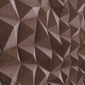 Może przedstawiać: Brązowa geometryczna grafika ścienna z tr&oacute;jwymiarowym tr&oacute;jkątnym wzorem. Grafika jest zamontowana na białej ścianie, tworząc uderzający kontrast. Projekt zawiera serię połączonych ze sobą tr&oacute;jkąt&oacute;w, tworząc teksturowaną powierzchnię. Og&oacute;lna estetyka jest nowoczesna i abstrakcyjna.