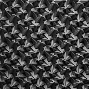 Pode incluir: Uma obra de arte quadrada e monocromática composta por numerosas formas geométricas tridimensionais cinza escuro. As formas estão dispostas em um padrão repetitivo, criando uma superfície texturizada. A obra está sobre um fundo cinza claro liso.