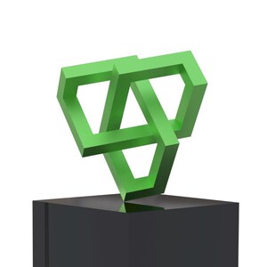 May include: A green geometric sculpture with a three-dimensional knot design, displayed on a black plinth. The sculpture is a vibrant green colour and stands out against the black plinth. The artwork is a modern piece.