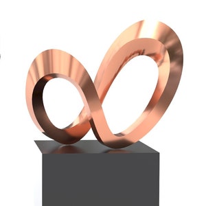 May include: A copper-colored infinity symbol sculpture, displayed on a black pedestal. The sculpture is a continuous loop, reflecting light. A silhouette of a person stands nearby, providing scale. The artwork is set against a white background.