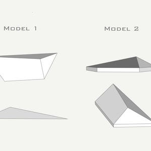 May include: Line drawings of two geometric models labeled Model 1 and Model 2. Model 1 shows a trapezoid shape and a triangular shape. Model 2 shows a triangular prism and a pyramid shape. All shapes are in shades of gray.