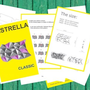Może przedstawiać: Zbi&oacute;r białych dokument&oacute;w papierowych z geometrycznymi wzorami i tekstem. Jeden dokument zawiera słowa "PIASTRELLA" i "CLASSIC" na ż&oacute;łtym tle. Inny pokazuje wymiary: Wysokość - 52 cm, Szerokość - 45 cm, Głębokość - 65 cm.