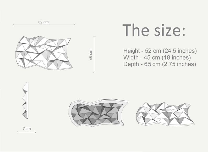 Może przedstawiać: Geometryczna grafika ścienna o poligonalnym wzorze. Wymiary to: wysokość 52 cm, szerokość 45 cm i głębokość 6,5 cm. Obraz zawiera tekst "The size:" i wymiary.