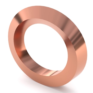 May include: A copper-coloured ring-shaped object with a smooth, reflective surface. The ring has a thick band and a hollow centre, creating a three-dimensional effect. The object is set against a white background.