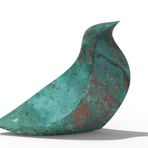 May include: A teal and rust-coloured bird sculpture in a seated pose. The artwork has a smooth, curved body and a pointed beak. The sculpture has a weathered patina. The background is white.