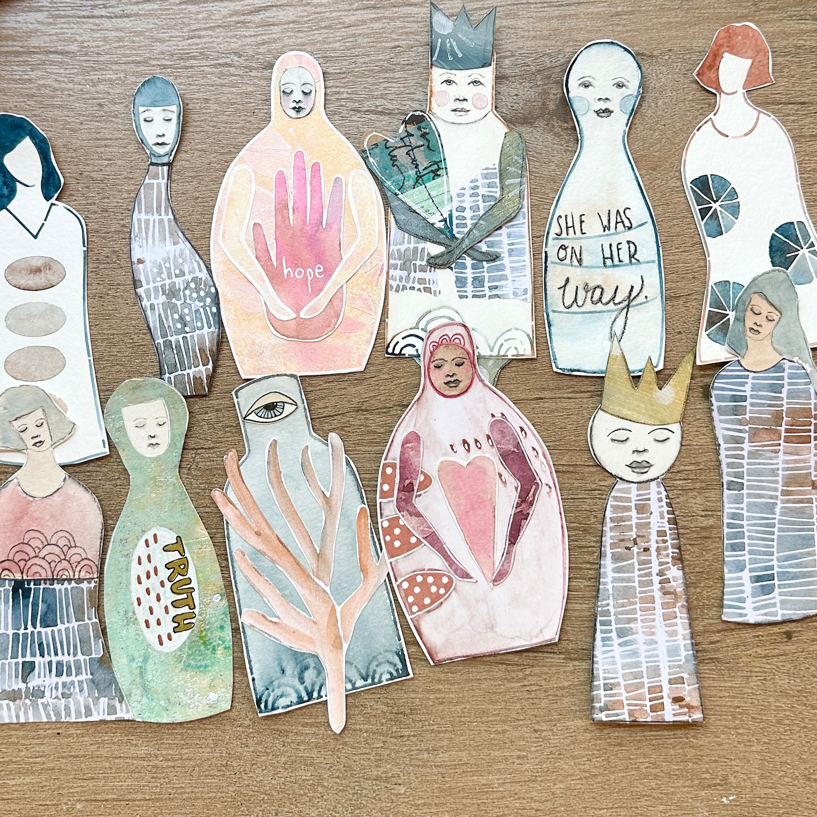 abstract paperdoll stencils mixed media art