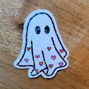 Glitter Ghost With Hearts Sticker/ Holographic Glitter Ghost/ Vinyl sticker/ Journal sticker/ Laptop sticker/ Laminated die cut sticker
