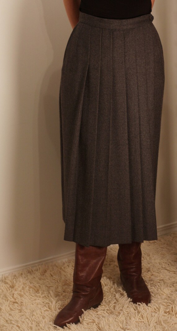 1980s Grey Wool Pleated Midi Wrap Skirt XS