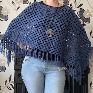 Blue handmade autumn poncho for women, perfect for cold weather days, can be made for plus size women or for during pregnancy