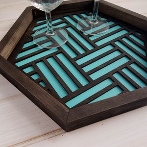 Bandeja de mesa de café, bandeja de servir de madera, bandeja moderna, bandeja de café, decoración de mesita de noche, bandeja de atrapar todo, atrapar todo, bandeja de baratijas, verde azulado claro