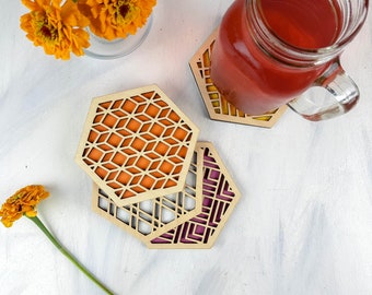 Hexagon Coaster Set of Four, Fun Modern Boho Decor Made of Wood, Unique Geometric Coffee Table Drink Mats