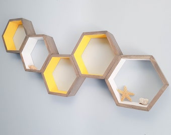 Hexagon Shelves Set of 5, Honeycomb Shelves, Floating Shelves, Geometric Shelves, Hexagon Shelves, Modern Shelves,  Living Room Shelves
