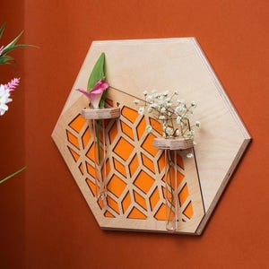 May include: A hexagonal wooden wall decoration with a geometric orange pattern and two glass test tubes for holding flowers. The test tubes are filled with white and pink flowers.