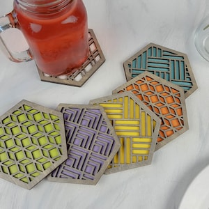 Coaster Set of Eight, Unique Modern Coaster, Colorful Coasters, Geometric Coasters, Wood Coaster Set, Coffer Table Coaster, Hexagon Coaster