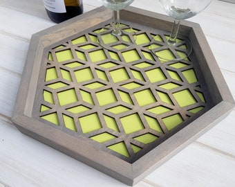 Hexagon Tray 14", Spring Home Decor, Easter Entertaining Tray, Geometric Wood Catchall, Hostess Gift, Green Modern Entryway Organizer