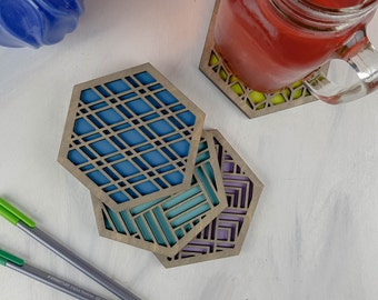 Coaster Set of Four, Hexagon Coasters, Geometric Wood Table Decor, Wedding Gift for Couple, Housewarming Gift, Grey Stain, Modern Home Decor