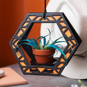 Geometrischer Hängepflanzenhalter, hölzerner Sukkulentenpflanzenständer, kleines modernes Boho-Hauspflanzengeschenk, helle moderne Suspend-Luftpflanze