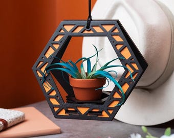 Geometric Hanging Plant Holder, Wooden Succulent Plant Stand, Small Modern Boho House Plant Gift, Bright Modern Suspend Air Plant