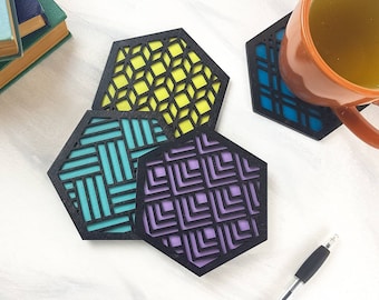 Coaster Set of Four, Hexagon Coaster, Fun Coaster, Modern Coaster, Geometric Coaster, Cool Unique Coaster, Wood Coaster Set, Coffer Table