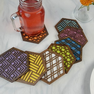 Coaster Set of Eight, Unique Modern Coaster, Colorful Coasters, Geometric Coasters, Wood Coaster Set, Coffer Table Coaster, Hexagon Coaster