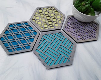Set of Four Modern Trivets – Ready-Made Geometric Trivet Set, Colorful Tableware, Wooden Hot Pads