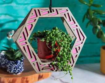 Bright Painted Plant Hanger, Wooden Hanging Succulent Plant Holder, Modern Plant Hanger, Hanging Planter, Geometric Wood Hanging Air Plant