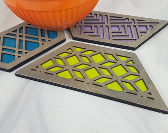 Custom Trivet Set, Colorful Trivet, Trivet For Plates, Dining Table Trivet, Unique Trivet, Geometric Houseware, Trivet Wood, Modern Trivets