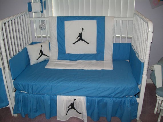 New Michael Jordan 7 Piece Custom Made Crib Set Made With Med Blue And White