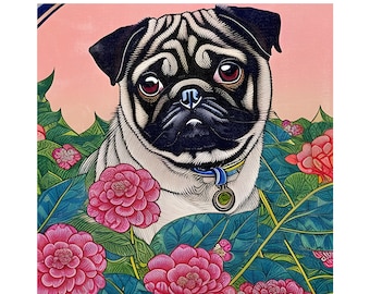 Niedliche Mops Kunst zum Ausdrucken, 20" x 20", Mops mit Blumen, Hund digitaler download, Hunde, Möpse, Haustier Wanddekor, Haustier Wandkunst