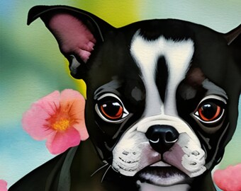 Adorable Boston terrier puppy printable,  watercolor style with flowers, 18" x 24," digital download