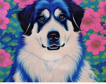 Cute Newfoundland para impressão, 16 "x 20", download digital, cães, decoração de parede, arte de parede para animais de estimação, Newfoundland, flores