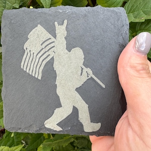 Set of 4 Slate Coasters | Bigfoot with American Flag| Laser Engraved | Square Coaster | Wedding Gift | Bigfoot Lover | Sasquatch Gift