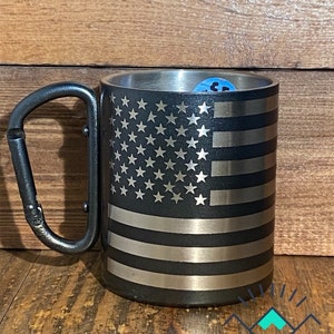 American Flag Powder Coated Carabiner Cup, Gift for Hunter, Outdoor Enthusiast, Hiker, Camper. Clips to backpack. Custom, Personalized