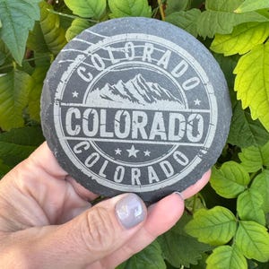 Set of 4 Slate Coasters | Colorado with Mountains | Laser Engraved | Circle Coaster | Wedding Gift | Nature Lover | Colorado Gift