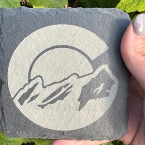 Set of 4 Slate Coasters | Colorado Flag with Mountains | Laser Engraved | Square Coaster | Wedding Gift | Nature Lover | Colorado Gift