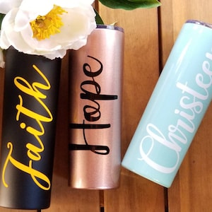 Personalized skinny stainless steel tumbler. Bridal party tumblers. Cup with straw. Monogram to go tumbler. FAST SHIPPING image 1
