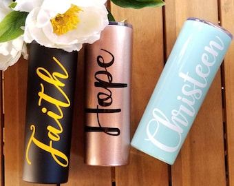 Personalized skinny stainless steel tumbler. Bridal party tumblers. Cup with straw. Monogram to go tumbler. **FAST SHIPPING**