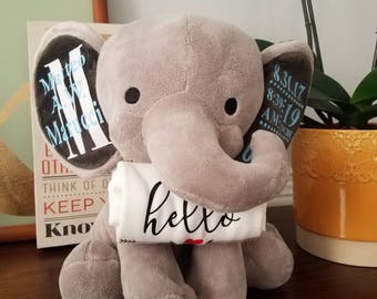 Personalized stuffed animal. Elephant birth stats. Stuffed Elephant Birth announcement. Baby first lovie. Keepsake toy. New baby gifts