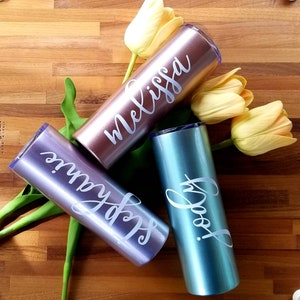 Personalized skinny stainless steel tumbler. Bridal party tumblers. Cup with straw. Monogram to go tumbler. FAST SHIPPING image 2