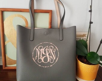 Monogrammed faux leather reversible tote. Personalized tote bag. **NEW** ROSE GOLD vinyl color now available.