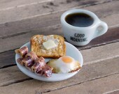 Dollhouse Miniature Breakfast Egg, Bacon, Toast and Cup of Coffee