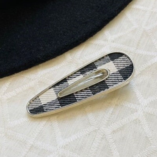 Silver & Plaid Raindrop Duckbill Hair Clip | Leather Hair Barrette