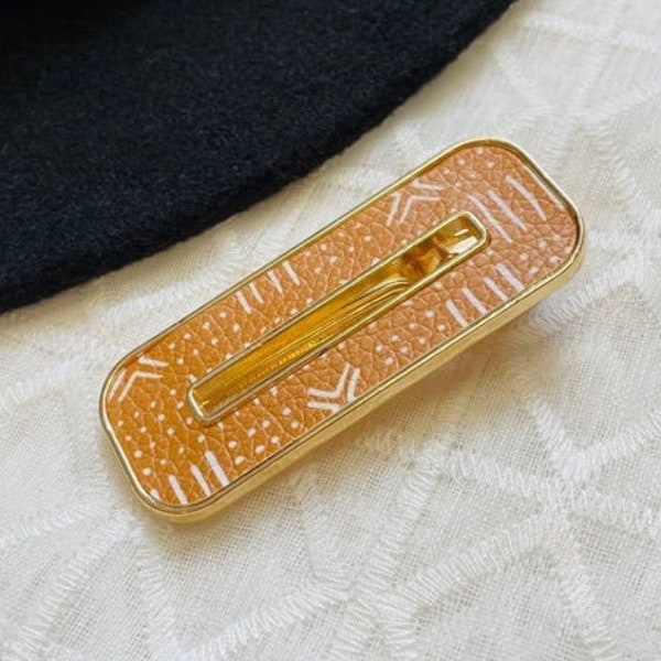 Gold & Mustard Mud Cloth Windowpane Duckbill Hair Clip | Leather Hair Barrette