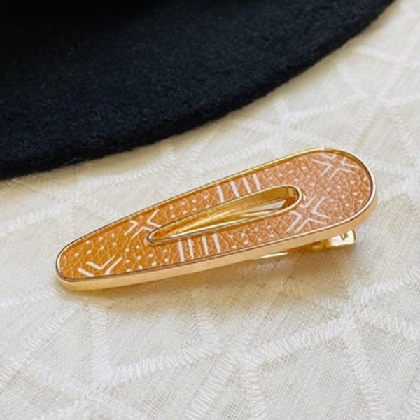 Gold & Mustard Mud Cloth Raindrop Duckbill Hair Clip | Leather Hair Barrette