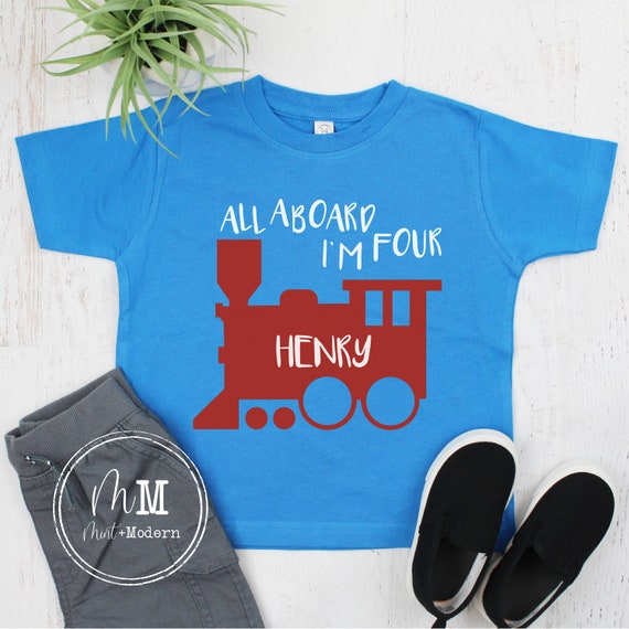 All Aboard Im Four, All Aboard Im 4, 4th Birthday Train Shirt I'm 4  Birthday Shirt Embroidered and Personalized Boy Birthday Shirt 