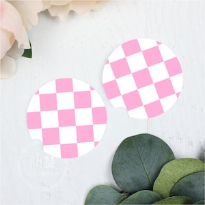 Pink Checkered Ceramic Car Coaster Set 2.5&quot; Diameter