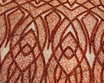 Burnt Orange Sequin Lace Fabric, Sparkly Dress Fabric 5 yards Next day delivery available