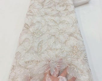 White Beaded Lace Fabric | Sequin Tulle Couture Gown Material Next day delivery available