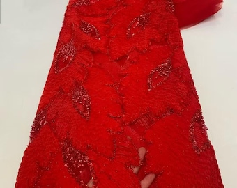 Red Sequin Beaded Tulle Fabric by the Yard, Couture Embroidery Lace